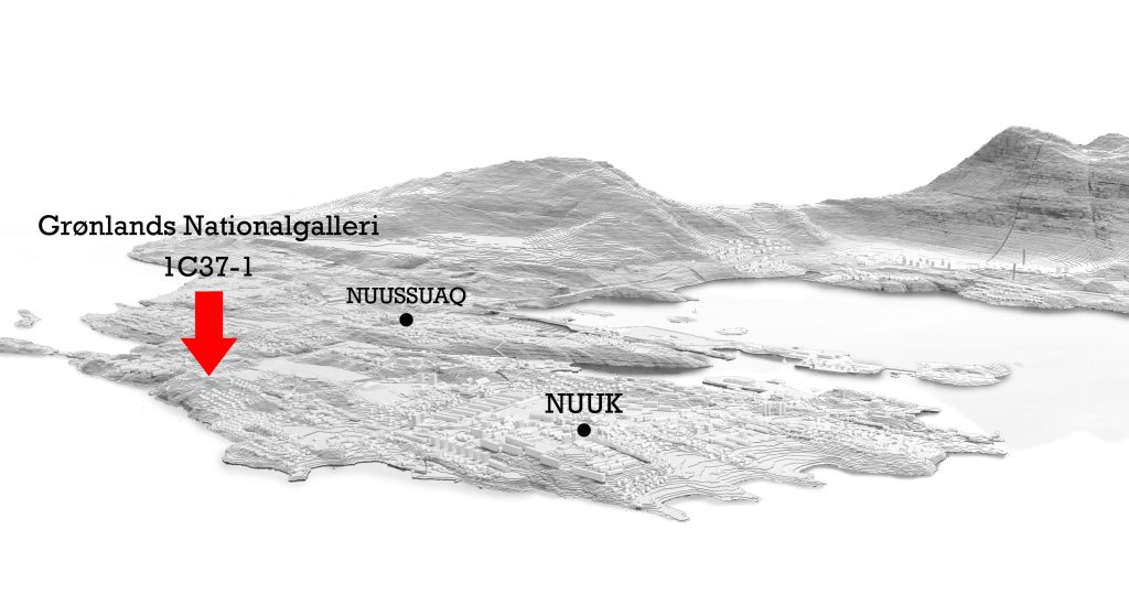 Model af Nuuk og omegn med en markering af byggegrunden til Grønlands Nationalgalleri.